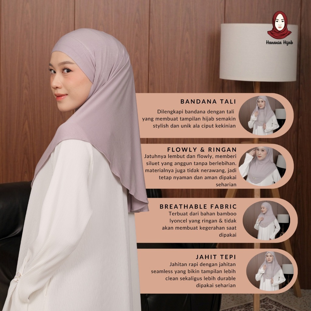 Hanania Hijab - Aleva Bergo Instan Bandana Size L Rayon Bamboo Ultrasoft | Jilbab Instan Bandana