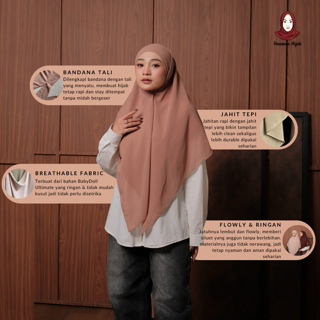 Hanania Hijab - Aura Khiban French Square Segiempat Tali Size M | Khimar Bandana Ceruty Babydoll