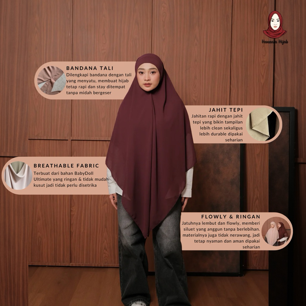 Hanania Hijab - Aura Khiban French Square Syar'i Jumbo XL Segiempat Tali | Khimar Bandana Ceruty Babydoll Utimate