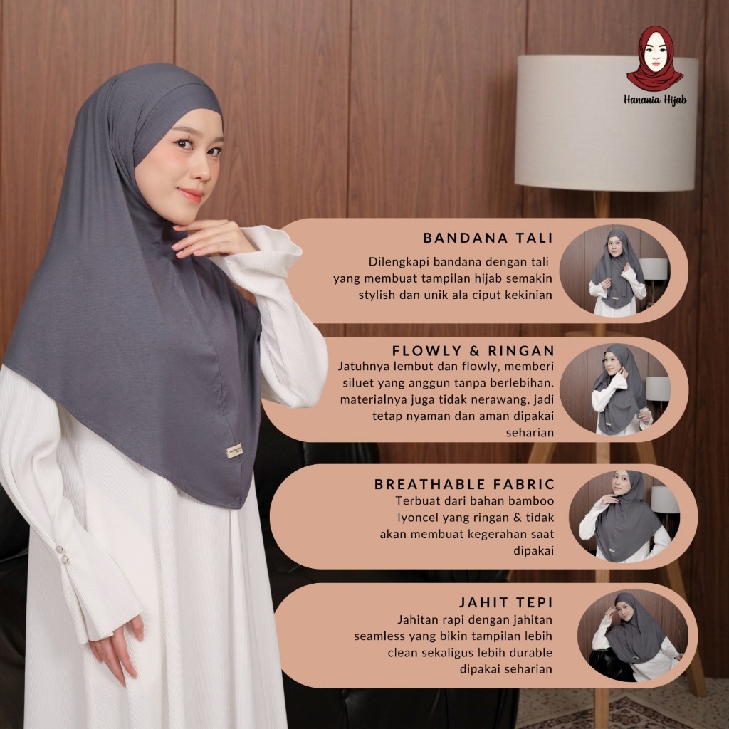 Hanania Hijab - Aleva Bergo Instan Bandana Size XL Rayon Bamboo Ultrasoft | Jilbab Instan Bandana
